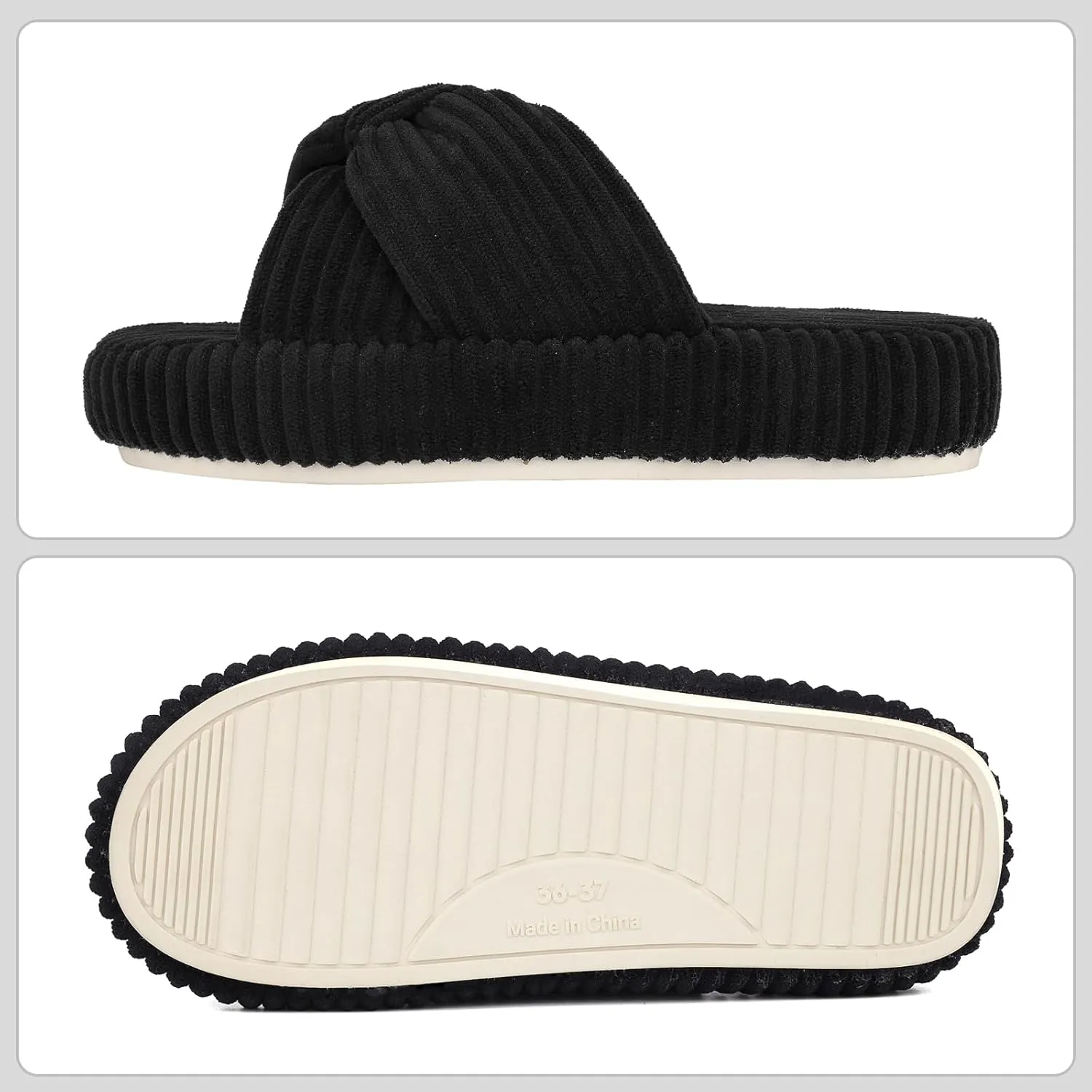 Women's Comfy Memory Foam Corduroy Bow Slip-On Open Toe Bedroom Slides Home Slippers Indoor/Outdoor