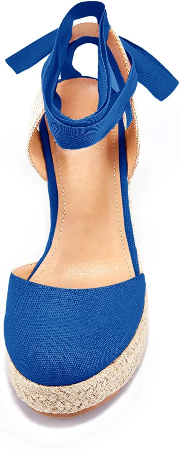 Women's Espadrille Wedge Sandals Closed Toe Lace Up Platform Ankle Wrap Summer Casual Shoes