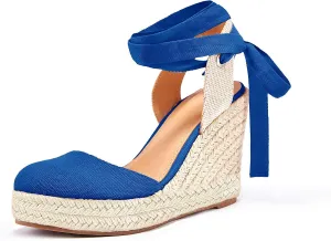 Women's Espadrille Wedge Sandals Closed Toe Lace Up Platform Ankle Wrap Summer Casual Shoes