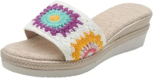 Women's Floral Crochet Platform Slide Sandals Comfortable One Band Espadrille Platform Sandals with Rivets Thick Insole Slip on Platform Slides