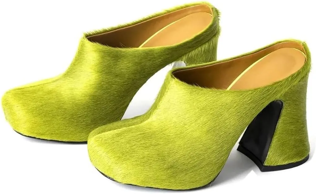 Women's Fuzzy Faux Fur Heeles Mules Fluffy Long Hair Slippers Closed Toe Block Heel Slides Outdoor Slip on Fur Pumps