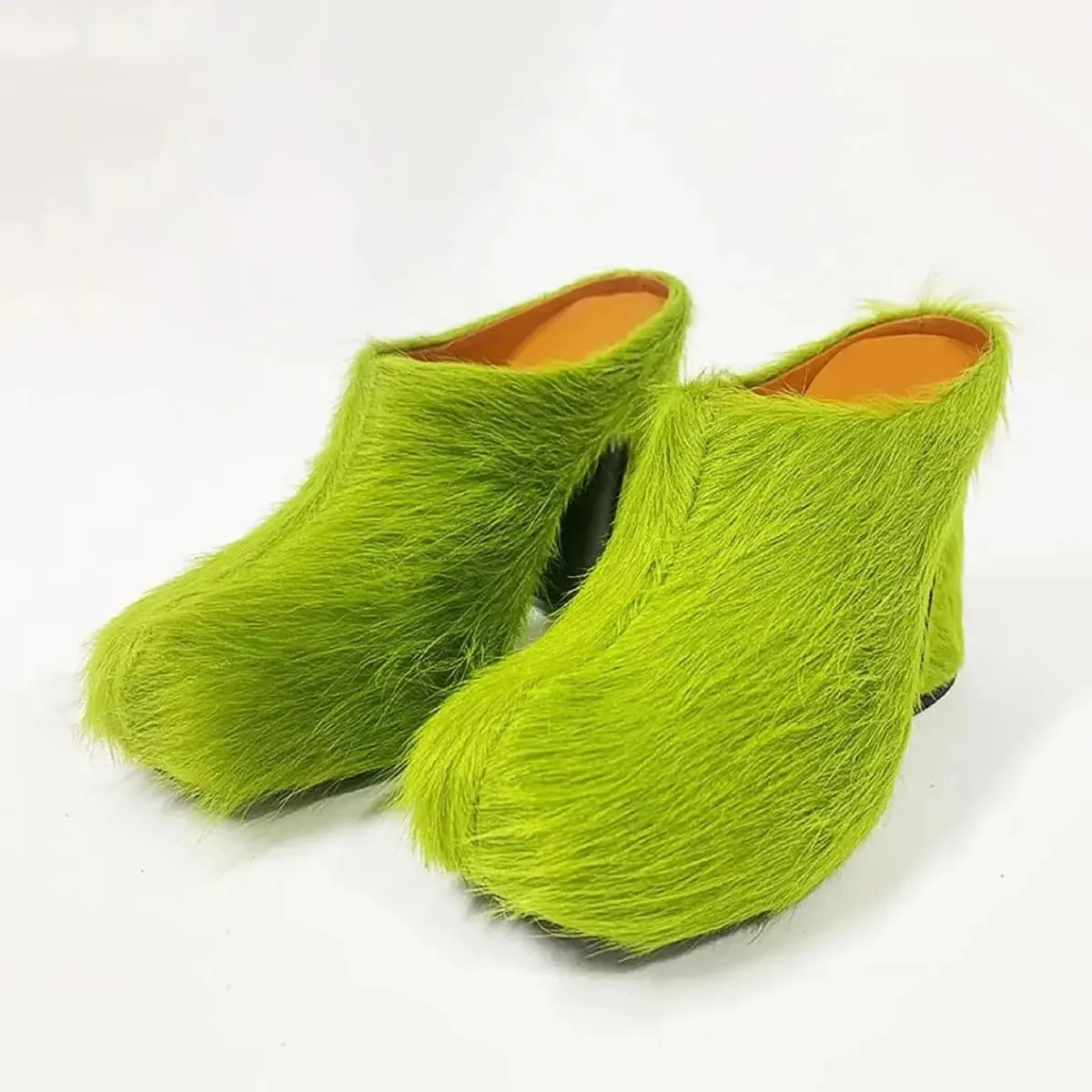 Women's Fuzzy Faux Fur Heeles Mules Fluffy Long Hair Slippers Closed Toe Block Heel Slides Outdoor Slip on Fur Pumps