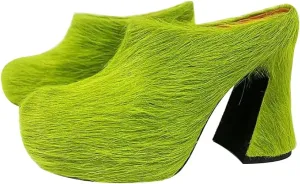 Women's Fuzzy Faux Fur Heeles Mules Fluffy Long Hair Slippers Closed Toe Block Heel Slides Outdoor Slip on Fur Pumps