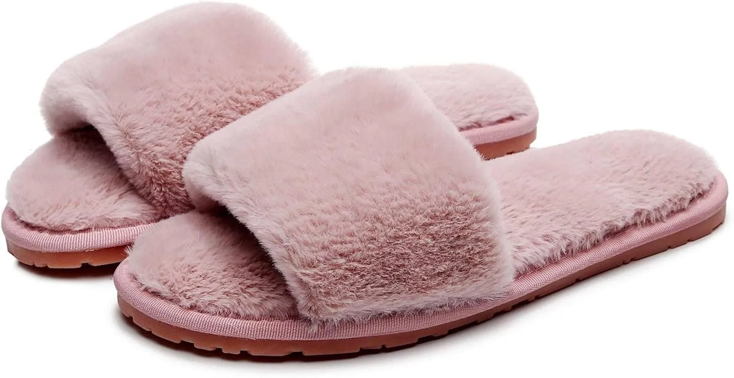 Women's Fuzzy Fluffy Furry Fur Slippers Flip Flop Open Toe Cozy House Memory Foam Sandals Slides Soft Flat Comfy Anti-Slip Spa Indoor Outdoor Slip on