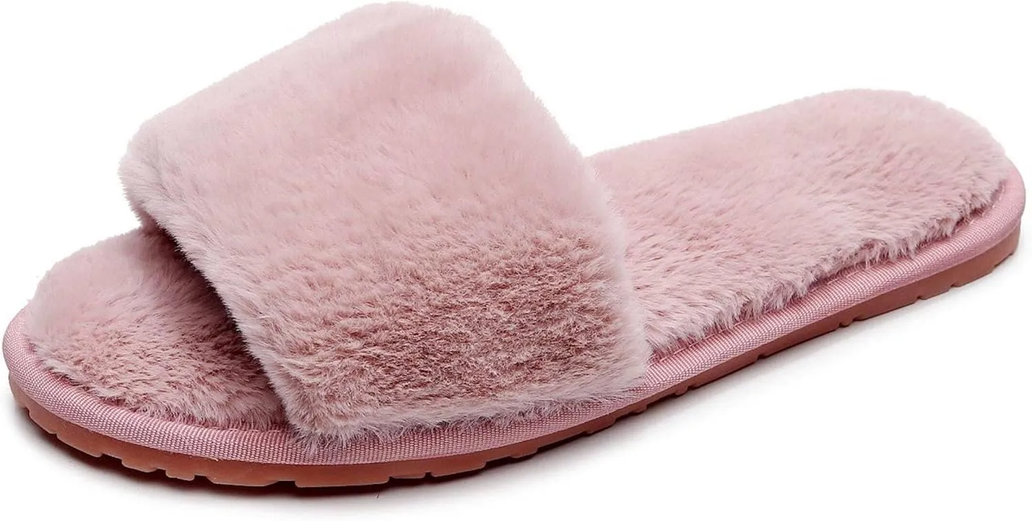 Women's Fuzzy Fluffy Furry Fur Slippers Flip Flop Open Toe Cozy House Memory Foam Sandals Slides Soft Flat Comfy Anti-Slip Spa Indoor Outdoor Slip on