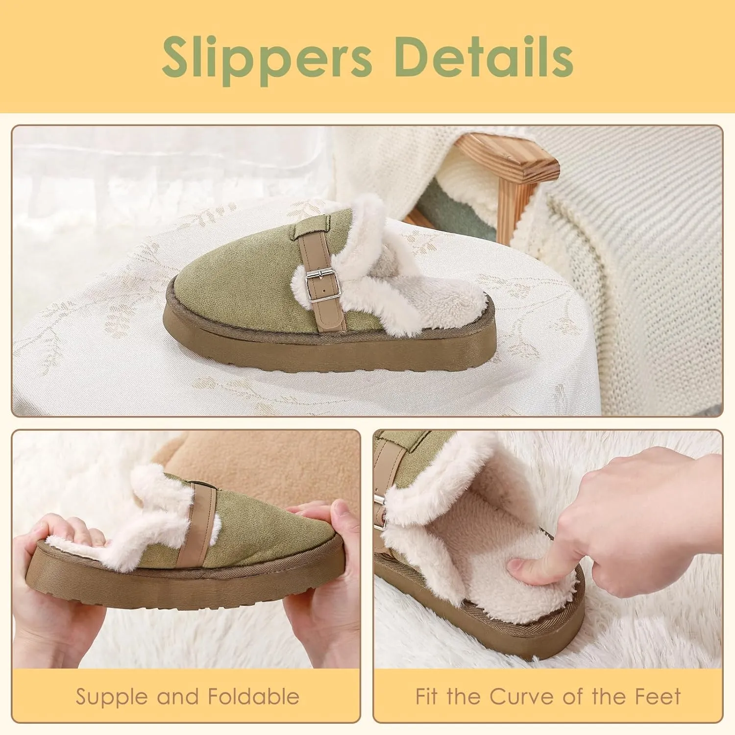 Women's Fuzzy Platform Slippers with Adjustable Buckle, Anti-Slip Sole Cozy Comfy Warm Winter Indoor Outdoor Slip-On House Shoes