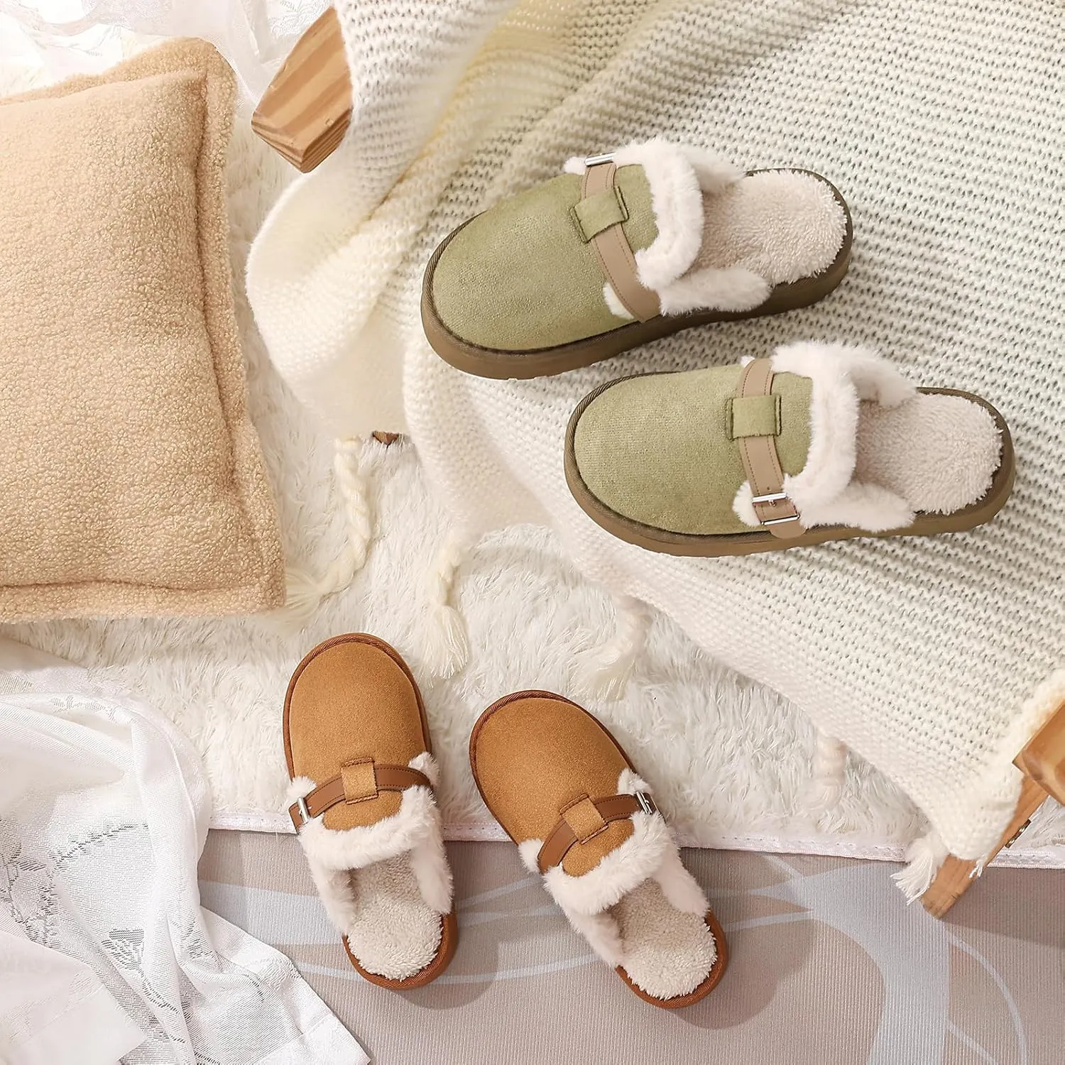 Women's Fuzzy Platform Slippers with Adjustable Buckle, Anti-Slip Sole Cozy Comfy Warm Winter Indoor Outdoor Slip-On House Shoes