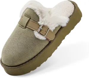 Women's Fuzzy Platform Slippers with Adjustable Buckle, Anti-Slip Sole Cozy Comfy Warm Winter Indoor Outdoor Slip-On House Shoes
