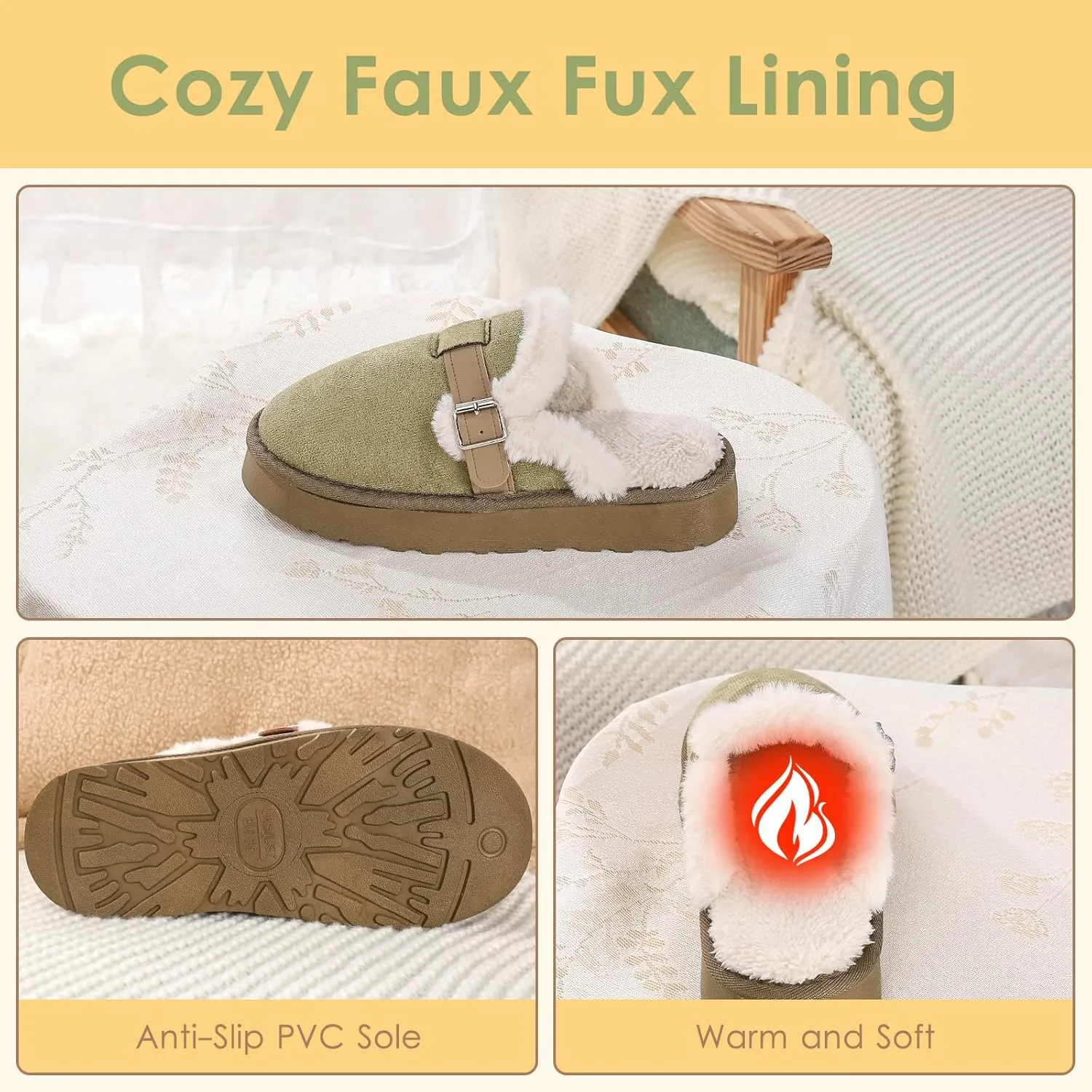 Women's Fuzzy Platform Slippers with Adjustable Buckle, Anti-Slip Sole Cozy Comfy Warm Winter Indoor Outdoor Slip-On House Shoes