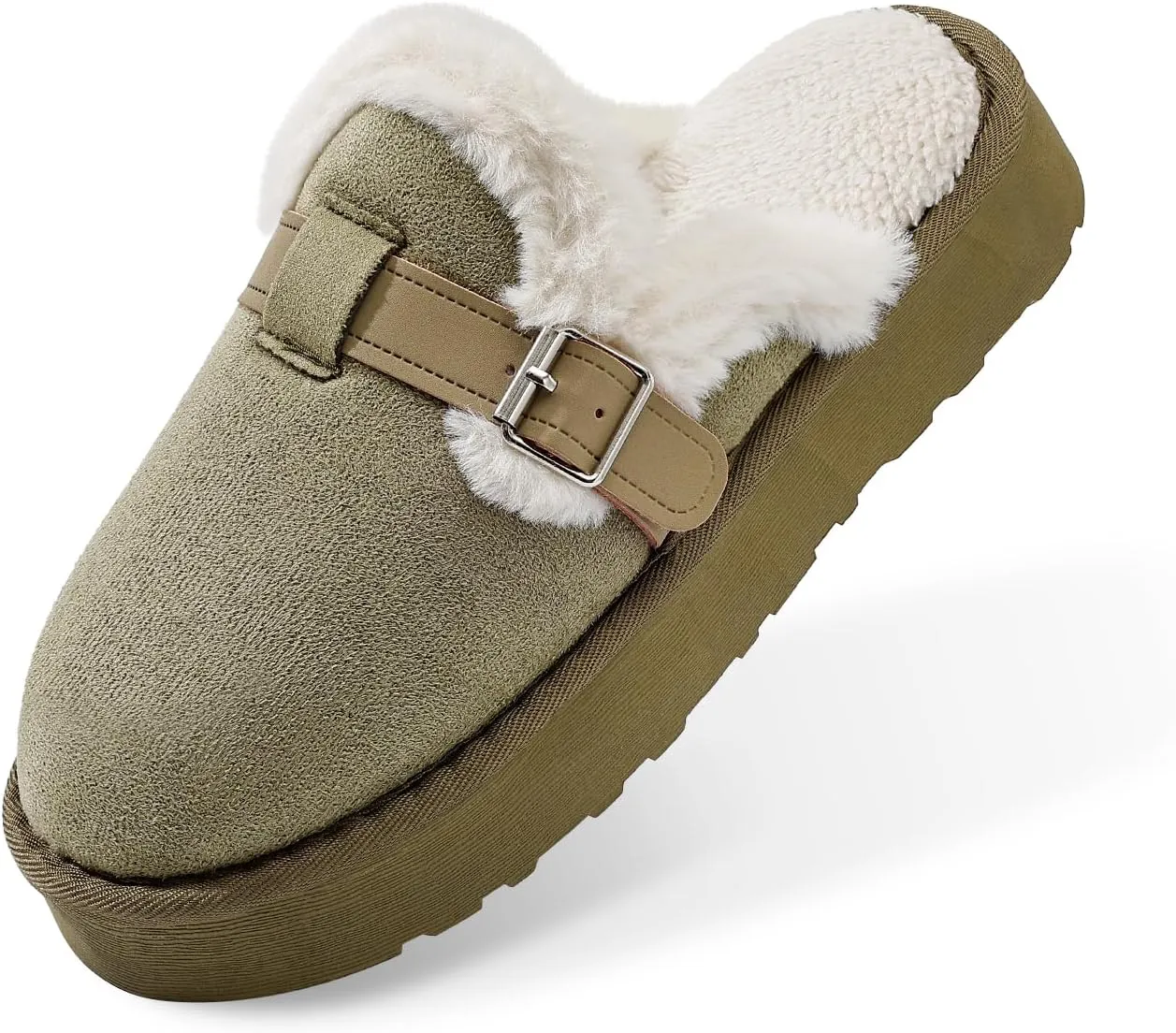 Women's Fuzzy Platform Slippers with Adjustable Buckle, Anti-Slip Sole Cozy Comfy Warm Winter Indoor Outdoor Slip-On House Shoes