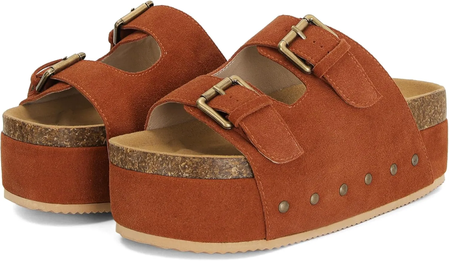Womens Genuine Leather Cork Platform Sandals Adjustable Buckle Straps Band Suede Clogs Platform Slip on Flatform Sandals