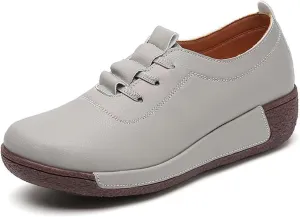 Women's Genuine Leather Lace-up Wedge Sneakers Fashion Breathable Low Top Platform Slip-on Casual Walking Shoes Comfortable Round Toe Non-Slip Work Rocker Shoes
