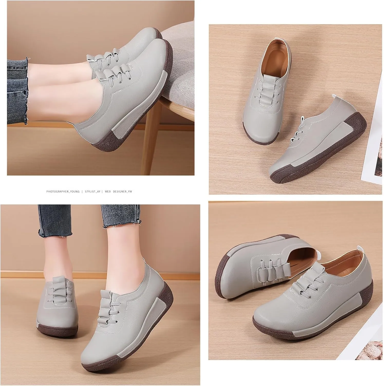Women's Genuine Leather Lace-up Wedge Sneakers Fashion Breathable Low Top Platform Slip-on Casual Walking Shoes Comfortable Round Toe Non-Slip Work Rocker Shoes