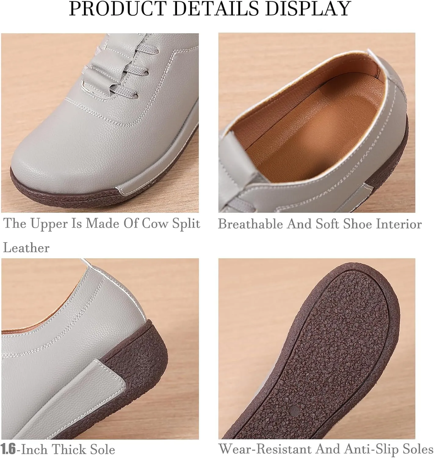 Women's Genuine Leather Lace-up Wedge Sneakers Fashion Breathable Low Top Platform Slip-on Casual Walking Shoes Comfortable Round Toe Non-Slip Work Rocker Shoes