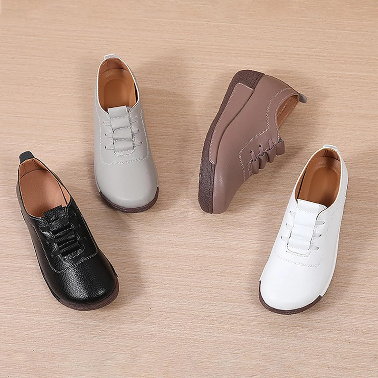 Women's Genuine Leather Lace-up Wedge Sneakers Fashion Breathable Low Top Platform Slip-on Casual Walking Shoes Comfortable Round Toe Non-Slip Work Rocker Shoes