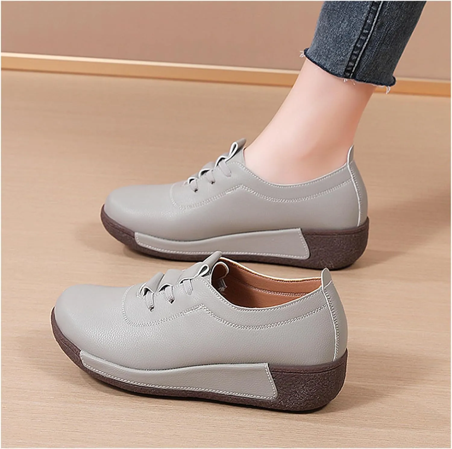 Women's Genuine Leather Lace-up Wedge Sneakers Fashion Breathable Low Top Platform Slip-on Casual Walking Shoes Comfortable Round Toe Non-Slip Work Rocker Shoes