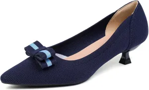 Women's Knit Kitten Heel Pumps Fashion Bow Decoration Closed Pointed Toe Slip On Low Heel Dress Shoe Summer Comfort Breathable Mesh Formal Pumps for Everyday Parties Evening Dates