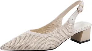 Women's Knitted Mesh Slingback Chunky Low Heels Sandals Summer Breathable Closed Pointed Toe Adjustable Strap Slip On Anti-Slip Block Heel Fashion Dress Party Pumps for Wedding Prom