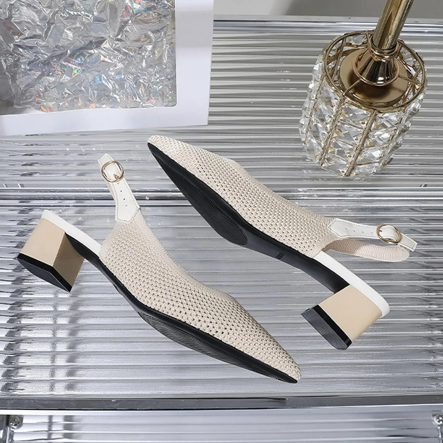 Women's Knitted Mesh Slingback Chunky Low Heels Sandals Summer Breathable Closed Pointed Toe Adjustable Strap Slip On Anti-Slip Block Heel Fashion Dress Party Pumps for Wedding Prom