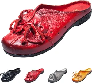 Women's Leather Mules Clog Slippers,Vintage Flower Comfy Cutout Breathable Backless Flat Slip-on Shoes Casual Loafers