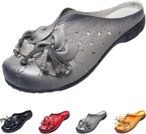Women's Leather Mules Clog Slippers,Vintage Flower Comfy Cutout Breathable Backless Flat Slip-on Shoes Casual Loafers