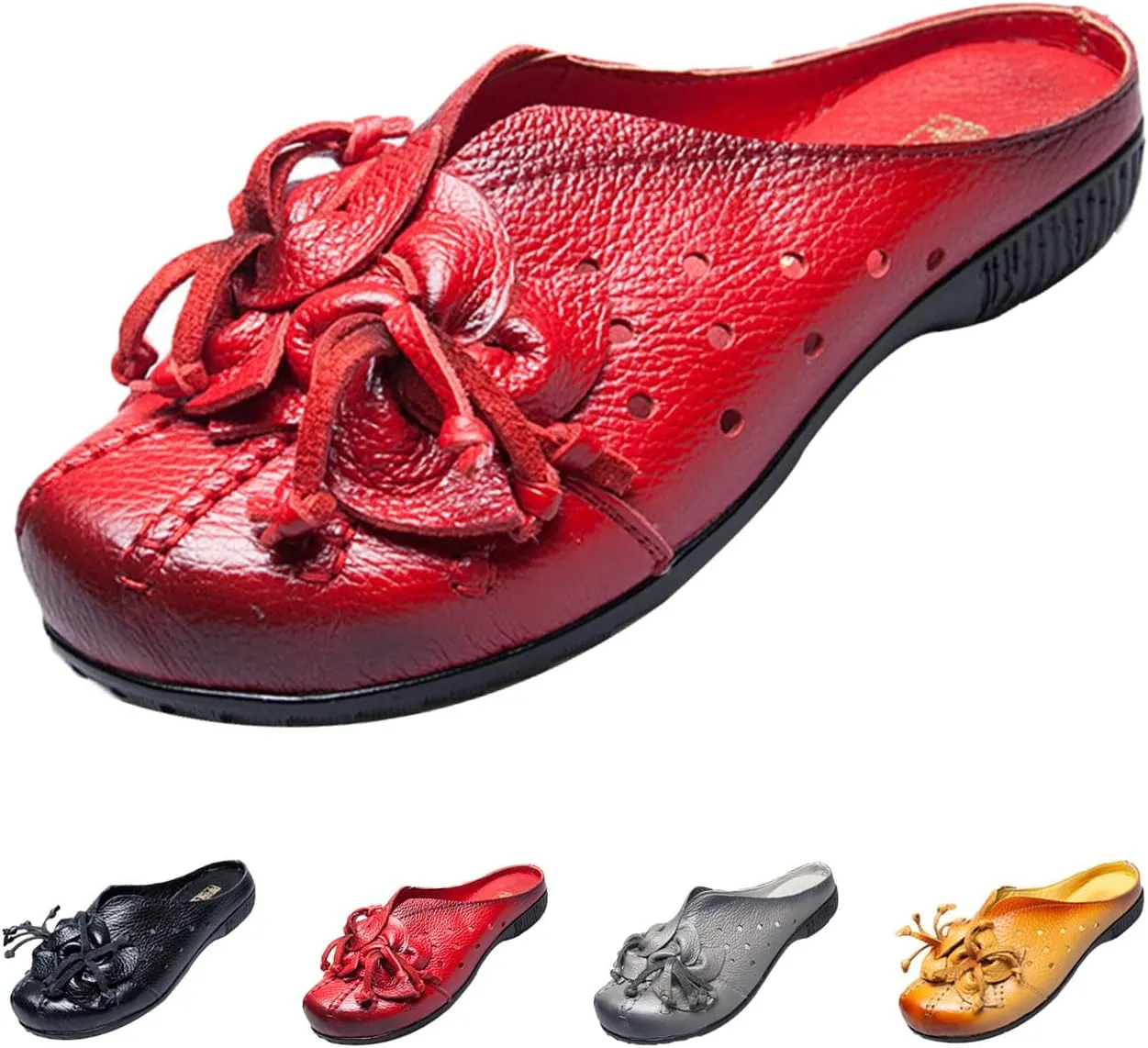 Women's Leather Mules Clog Slippers,Vintage Flower Comfy Cutout Breathable Backless Flat Slip-on Shoes Casual Loafers