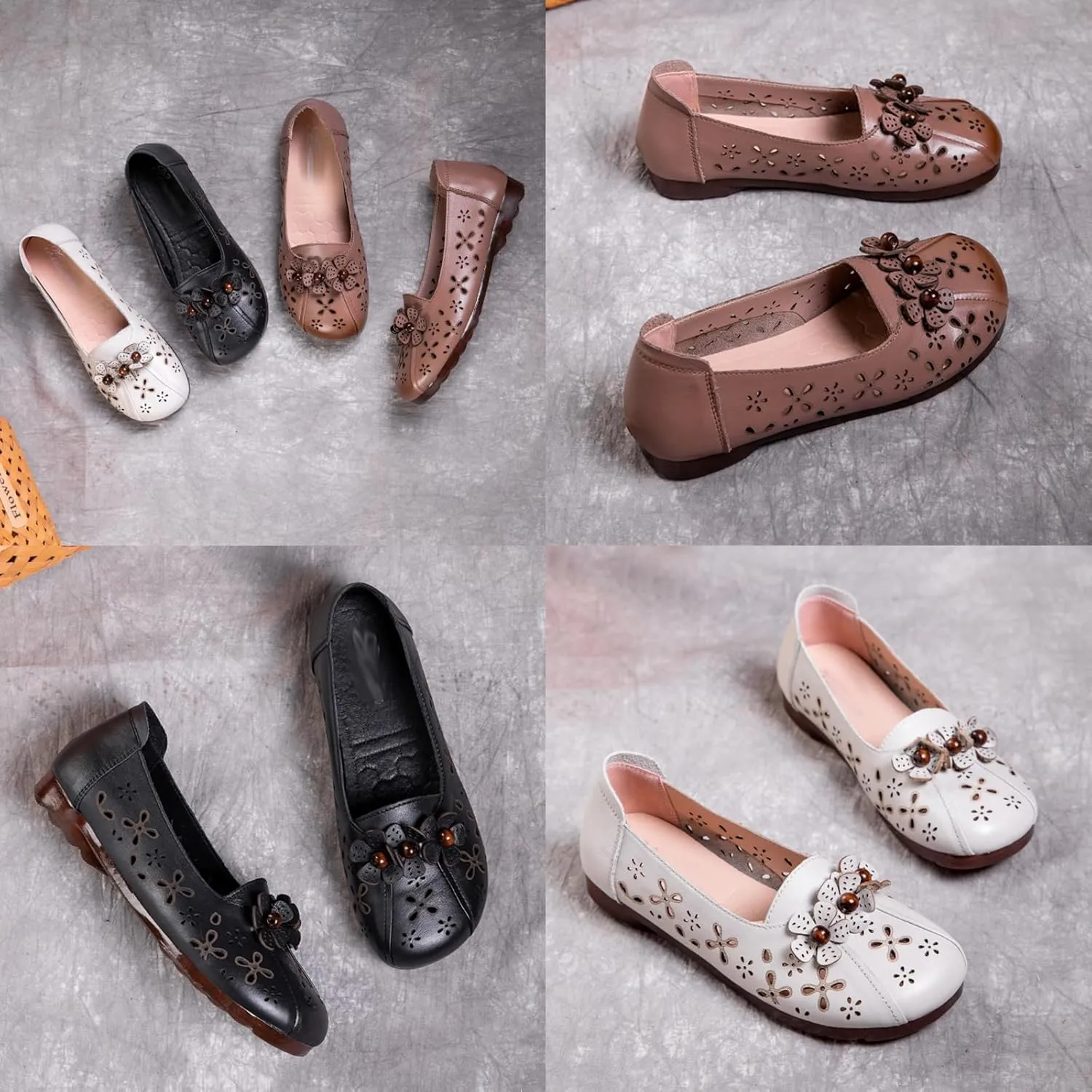 Women's Leather Slip-on Flats Shoes,Vintage Comfort Breathable Flower Non-Slip Softsole Oxford Casual Walking Loafers