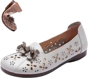 Women's Leather Slip-on Flats Shoes,Vintage Comfort Breathable Flower Non-Slip Softsole Oxford Casual Walking Loafers