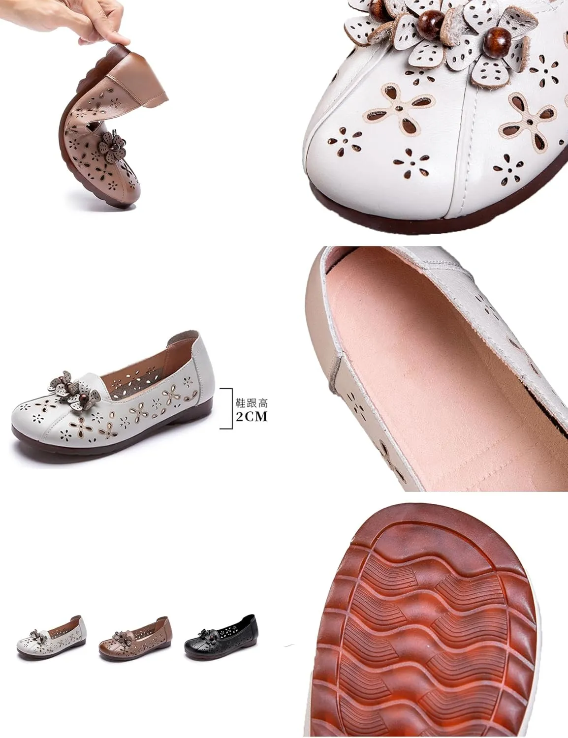 Women's Leather Slip-on Flats Shoes,Vintage Comfort Breathable Flower Non-Slip Softsole Oxford Casual Walking Loafers