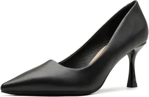 Women's Leather Slip On Kitten Heel Pumps Fashion Pointed Toe Mid Heels Business Work Office Dress Shoes Daily Breathable Non-Slip Pumps
