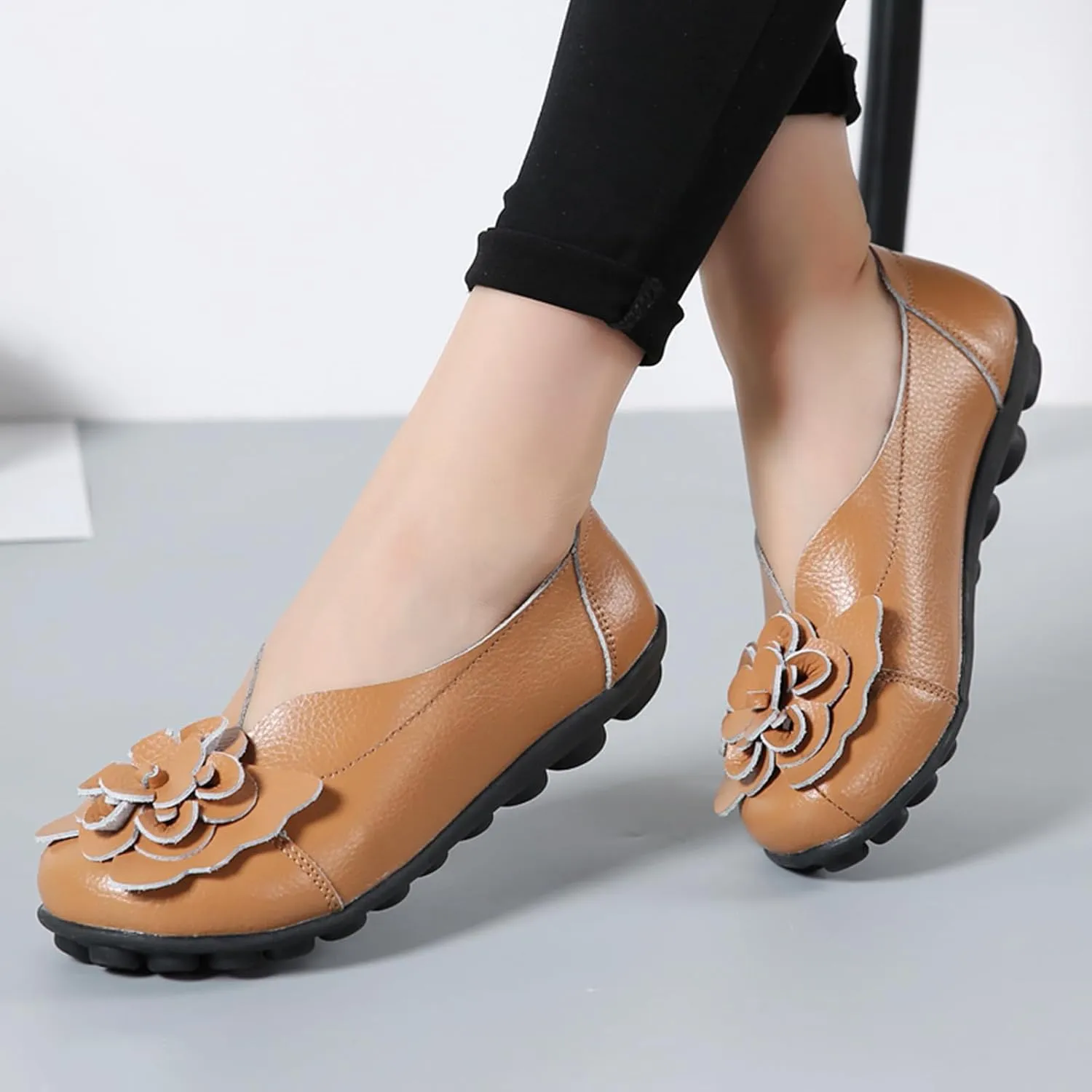 Women's Leather Slip On Loafers,Vintage Handmade Cute Bow Flower Comfy Non-Slip Softsole Walking Casual Dress Pumps