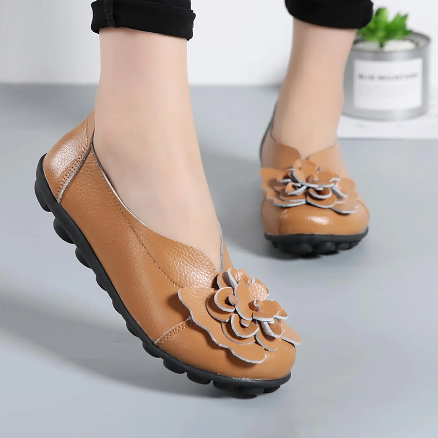 Women's Leather Slip On Loafers,Vintage Handmade Cute Bow Flower Comfy Non-Slip Softsole Walking Casual Dress Pumps