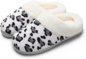 Women's Leopard Slippers Coral Fleece Lined Knitted Plush Fabric Comfy Memory Foam Anti-Skid Home Shoes Indoor Outdoor