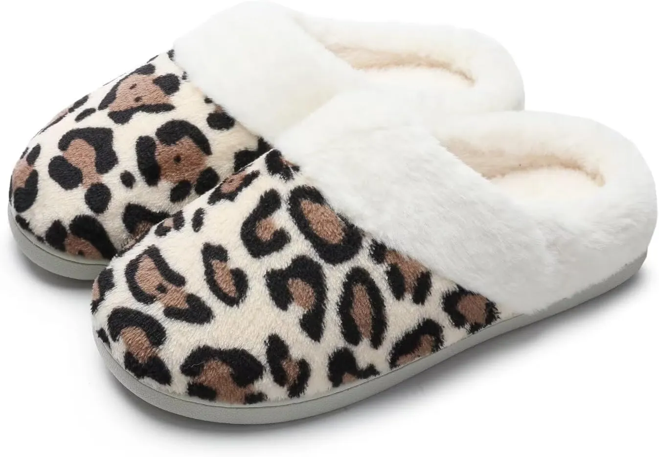 Women's Leopard Slippers Coral Fleece Lined Knitted Plush Fabric Comfy Memory Foam Anti-Skid Home Shoes Indoor Outdoor