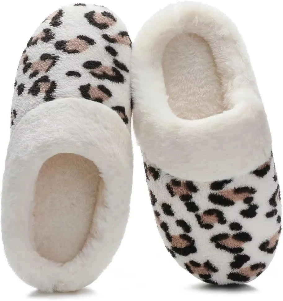Women's Leopard Slippers Coral Fleece Lined Knitted Plush Fabric Comfy Memory Foam Anti-Skid Home Shoes Indoor Outdoor