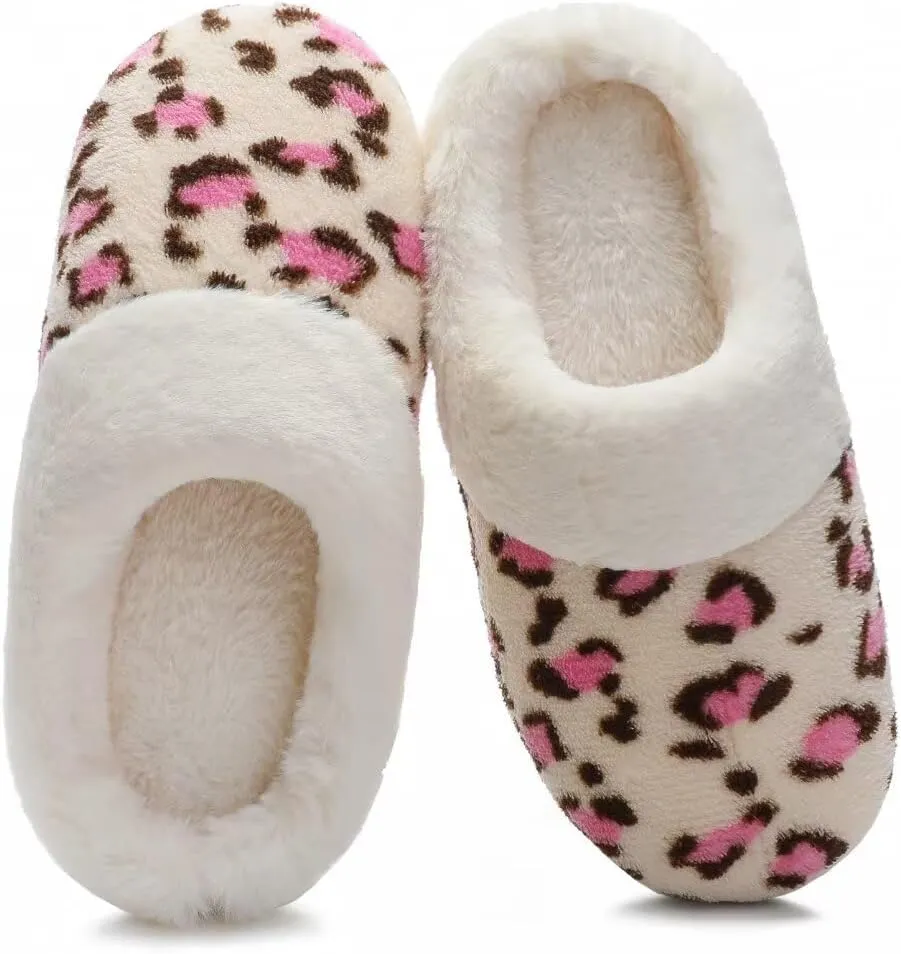 Women's Leopard Slippers Coral Fleece Lined Knitted Plush Fabric Comfy Memory Foam Anti-Skid Home Shoes Indoor Outdoor