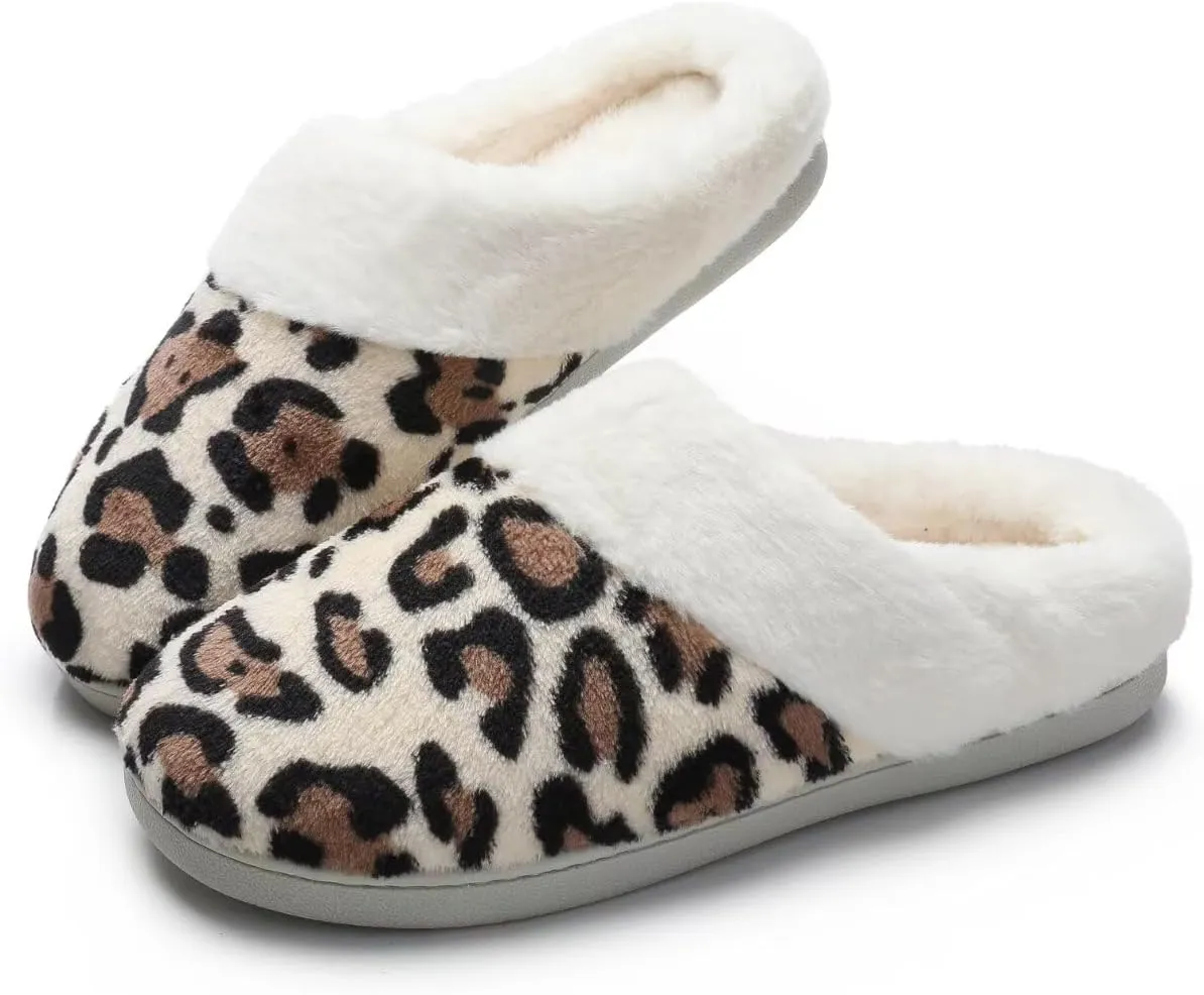 Women's Leopard Slippers Coral Fleece Lined Knitted Plush Fabric Comfy Memory Foam Anti-Skid Home Shoes Indoor Outdoor