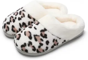 Women's Leopard Slippers Coral Fleece Lined Knitted Plush Fabric Comfy Memory Foam Anti-Skid Home Shoes Indoor Outdoor