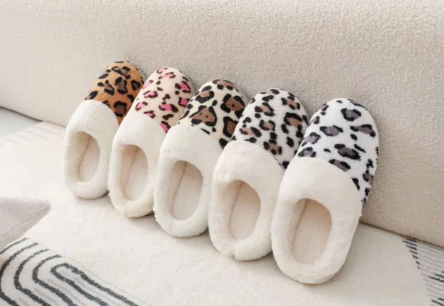 Women's Leopard Slippers Coral Fleece Lined Knitted Plush Fabric Comfy Memory Foam Anti-Skid Home Shoes Indoor Outdoor