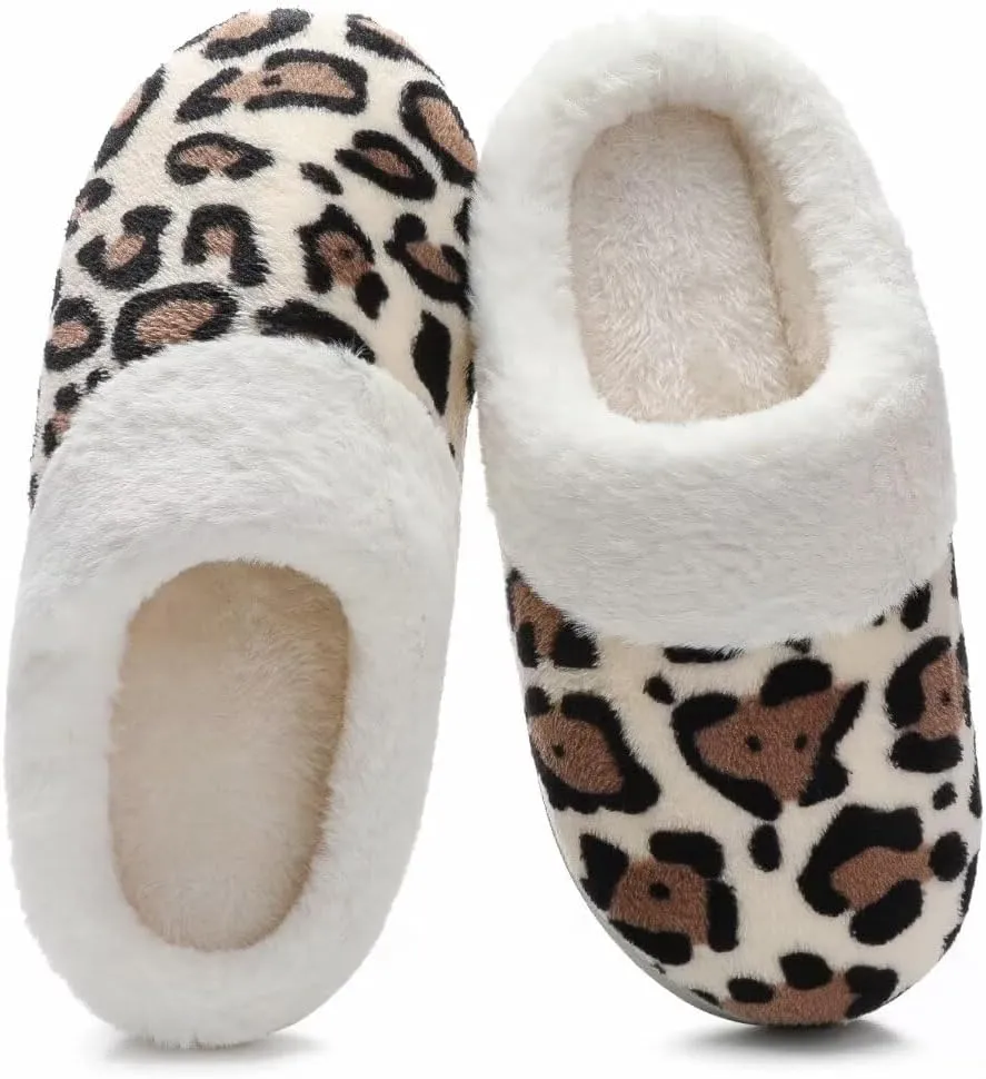 Women's Leopard Slippers Coral Fleece Lined Knitted Plush Fabric Comfy Memory Foam Anti-Skid Home Shoes Indoor Outdoor