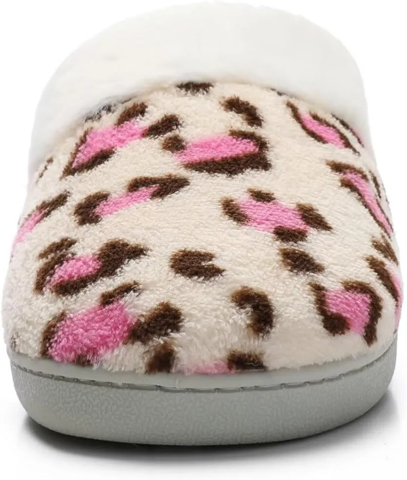 Women's Leopard Slippers Coral Fleece Lined Knitted Plush Fabric Comfy Memory Foam Anti-Skid Home Shoes Indoor Outdoor