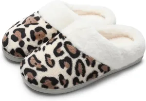 Women's Leopard Slippers Coral Fleece Lined Knitted Plush Fabric Comfy Memory Foam Anti-Skid Home Shoes Indoor Outdoor
