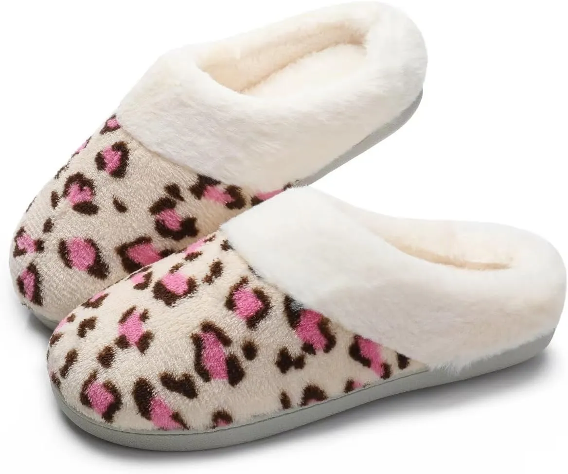 Women's Leopard Slippers Coral Fleece Lined Knitted Plush Fabric Comfy Memory Foam Anti-Skid Home Shoes Indoor Outdoor