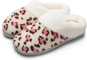 Women's Leopard Slippers Coral Fleece Lined Knitted Plush Fabric Comfy Memory Foam Anti-Skid Home Shoes Indoor Outdoor