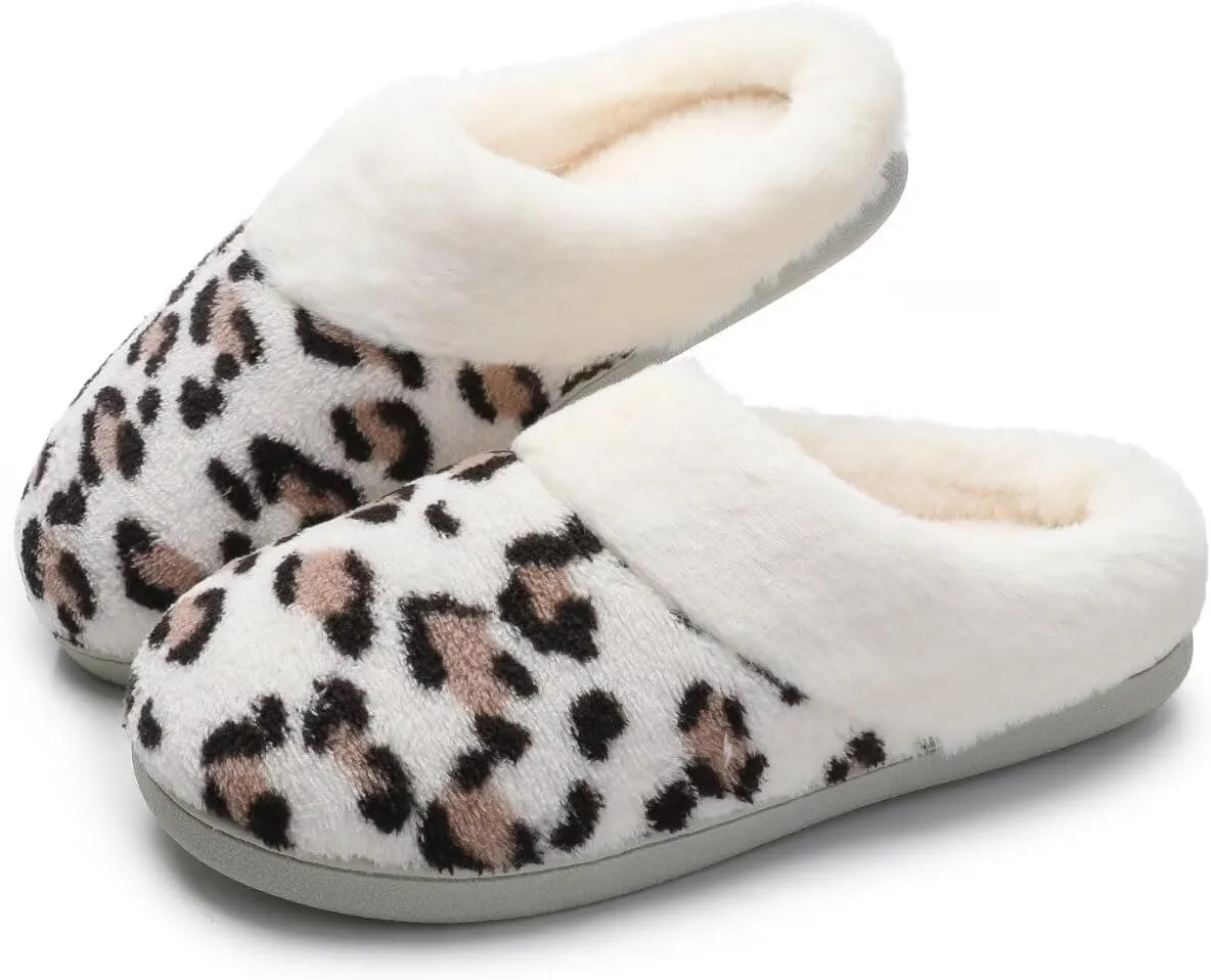 Women's Leopard Slippers Coral Fleece Lined Knitted Plush Fabric Comfy Memory Foam Anti-Skid Home Shoes Indoor Outdoor