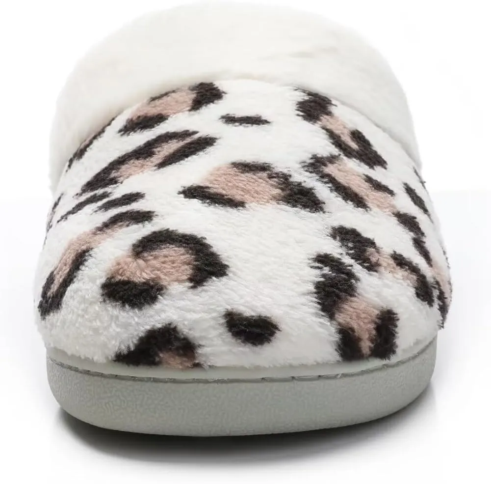 Women's Leopard Slippers Coral Fleece Lined Knitted Plush Fabric Comfy Memory Foam Anti-Skid Home Shoes Indoor Outdoor