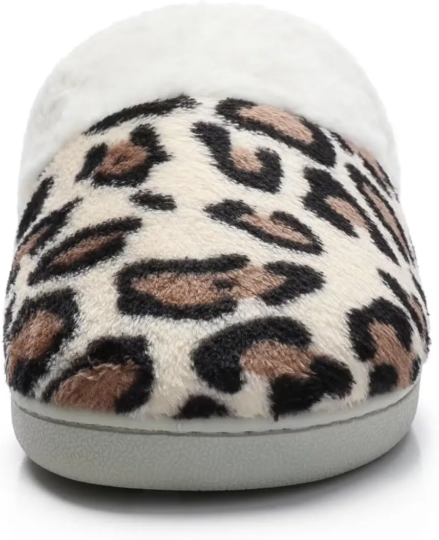 Women's Leopard Slippers Coral Fleece Lined Knitted Plush Fabric Comfy Memory Foam Anti-Skid Home Shoes Indoor Outdoor
