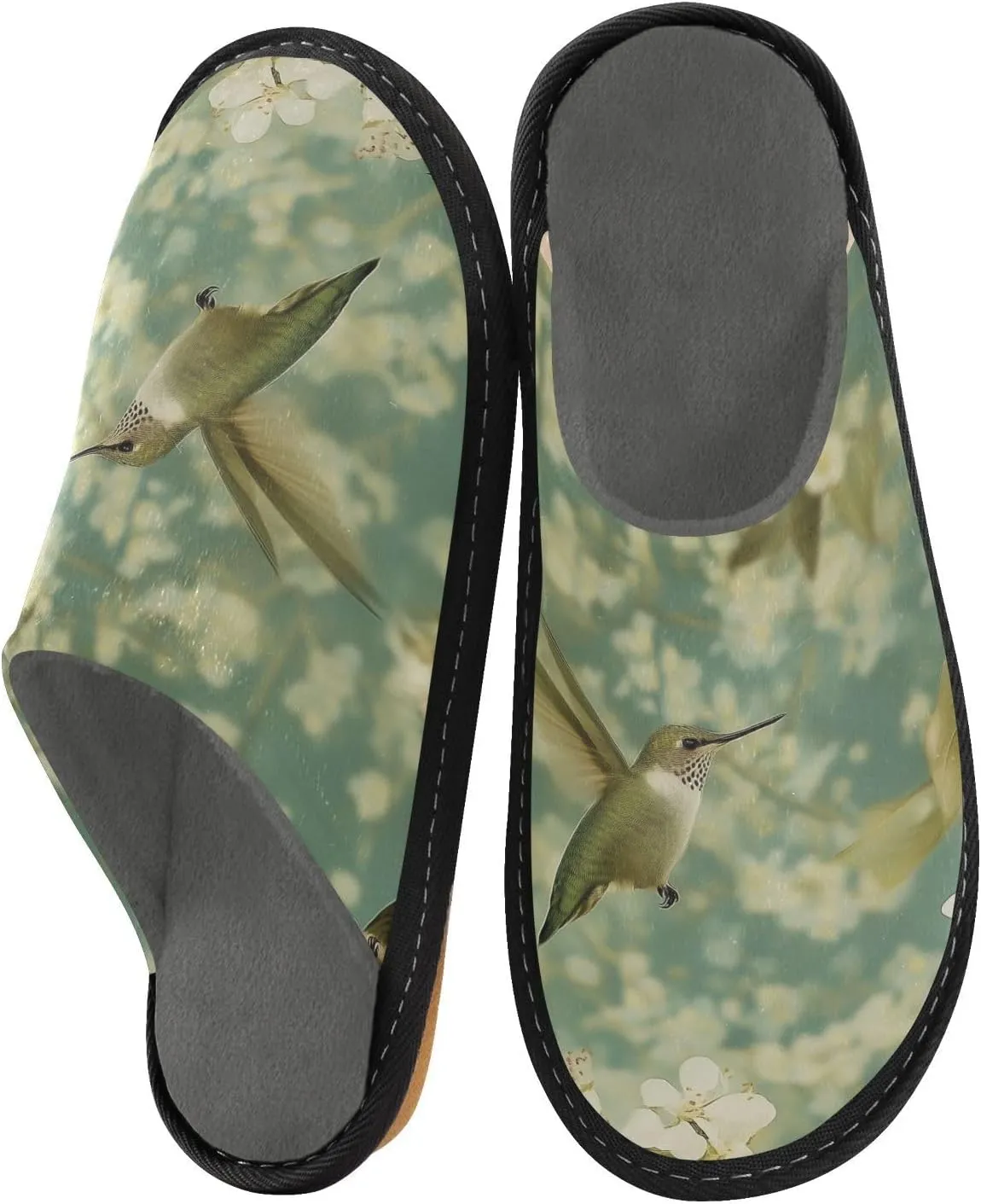 Women's Mens Cosy Slippers, Retro Flowers Hummingbirds Casual Unisex Slip-On Breathable Memory Foam Scuff Lazy Daily House Shoes for Indoor/Outdoor Size 4-11