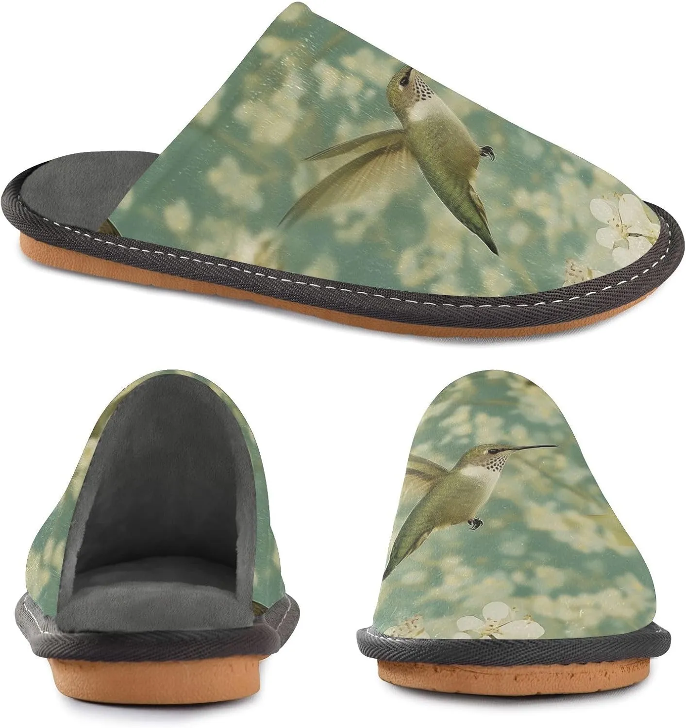 Women's Mens Cosy Slippers, Retro Flowers Hummingbirds Casual Unisex Slip-On Breathable Memory Foam Scuff Lazy Daily House Shoes for Indoor/Outdoor Size 4-11