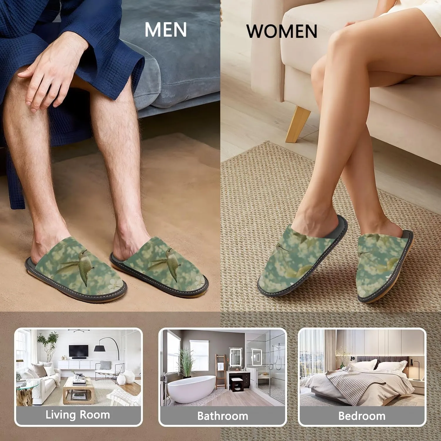 Women's Mens Cosy Slippers, Retro Flowers Hummingbirds Casual Unisex Slip-On Breathable Memory Foam Scuff Lazy Daily House Shoes for Indoor/Outdoor Size 4-11